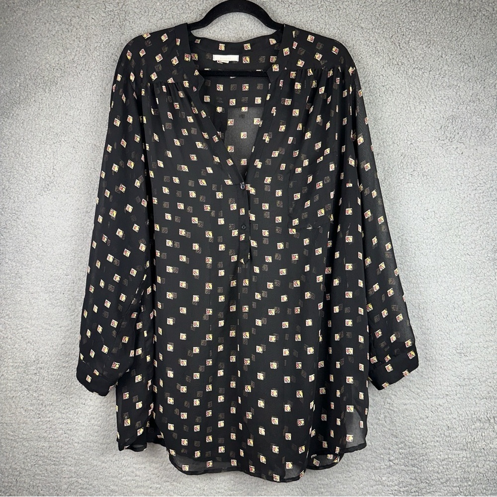 Pleione Top Womens 2X Black Ludo Dice Sheer Long Sleeve Button Up Blouse
